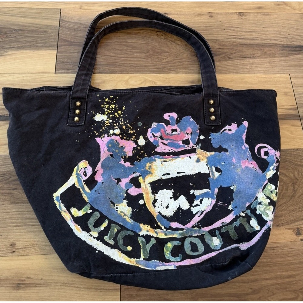 Juicy Couture Oversized Black Canvas Tote Bag Crown Crest Y2K Graphic Zip